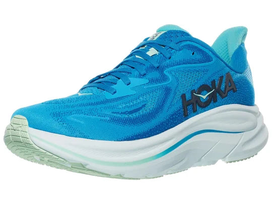 Men's Hoka Clifton 10. Blue upper. White midsole. Lateral view.
