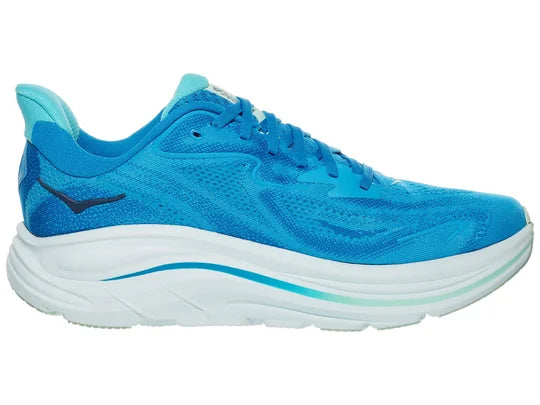 Men's Hoka Clifton 10. Blue upper. White midsole. Medial view.