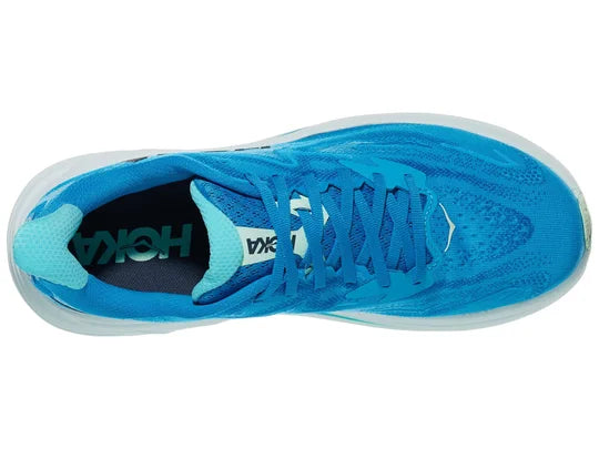 Men's Hoka Clifton 10. Blue upper. White midsole. Top view.