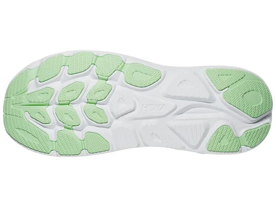 Men's Hoka Clifton 10. Blue upper. White midsole. Bottom view.