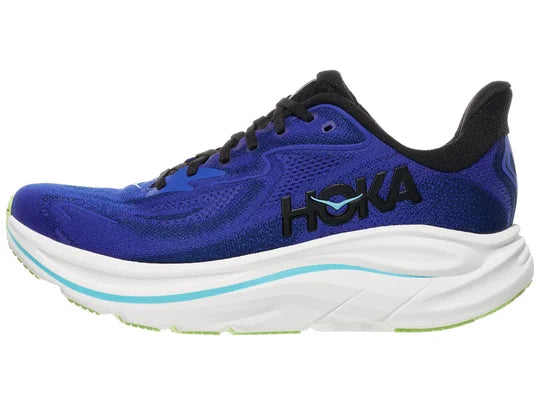 Men's Hoka Clifton 10. Dark Blue upper. White midsole. Lateral view.