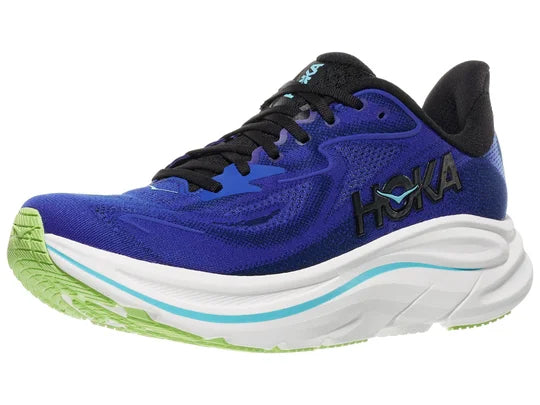 Men's Hoka Clifton 10. Dark Blue upper. White midsole. Lateral view.