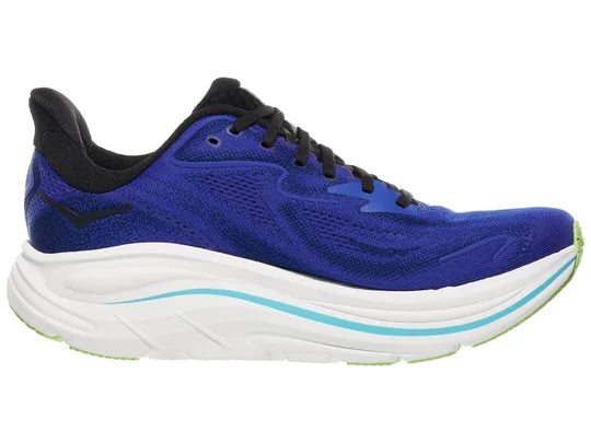 Men's Hoka Clifton 10. Dark Blue upper. White midsole. Medial view.