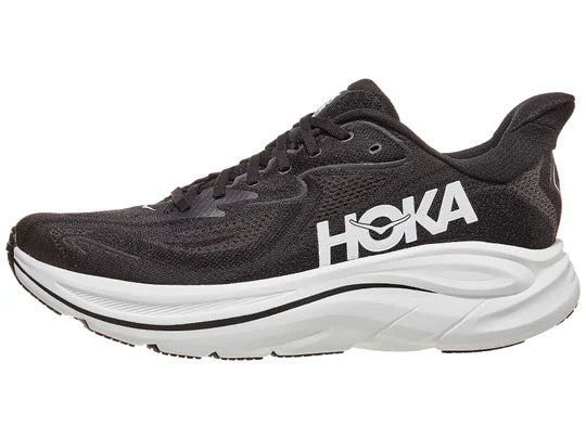 Men's Hoka Clifton 10. Black upper. White midsole. Lateral view.