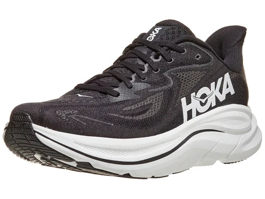 Men's Hoka Clifton 10. Black upper. White midsole. Lateral view.