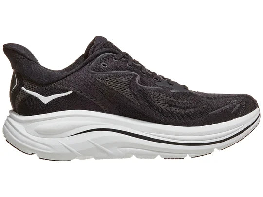 Men's Hoka Clifton 10. Black upper. White midsole. Medial view.