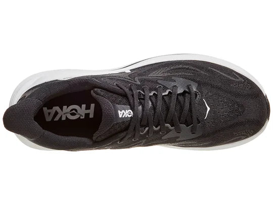 Men's Hoka Clifton 10. Black upper. White midsole. Top view.