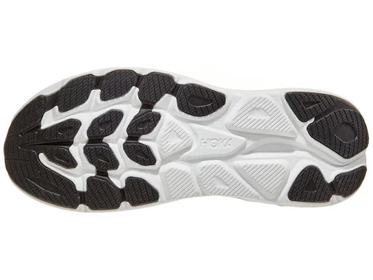 Men's Hoka Clifton 10. Black upper. White midsole. Bottom view.
