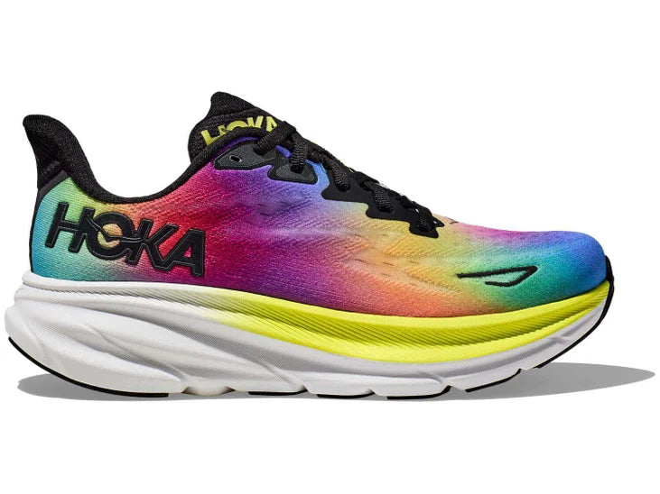 Men's Hoka Clifton 9. Multicolored upper. White/yellow midsole. Lateral view.