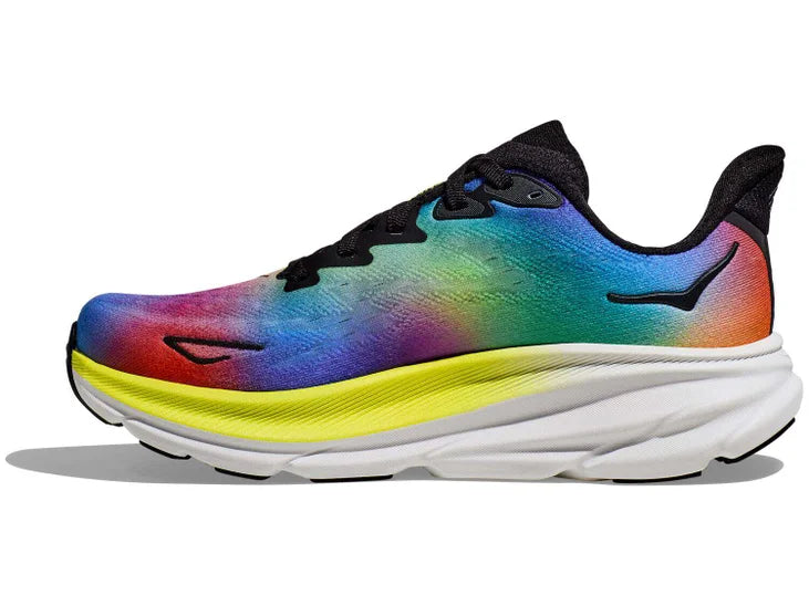 Men's Hoka Clifton 9. Multicolored upper. White/yellow midsole. Medial view.