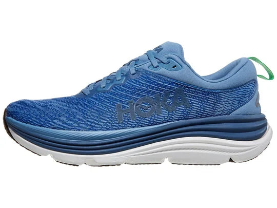 Men's Hoka Gaviota 5. Blue upper. Blue and white midsole. Lateral view.