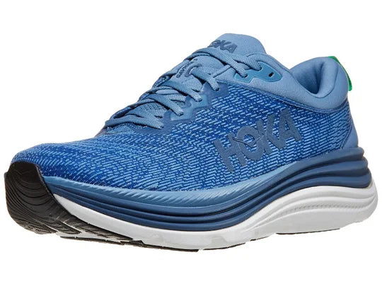 Men's Hoka Gaviota 5. Blue upper. Blue and white midsole. Lateral view.