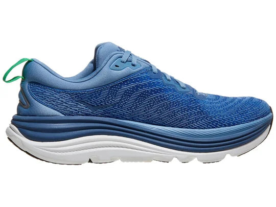Men's Hoka Gaviota 5. Blue upper. Blue and white midsole. Medial view.