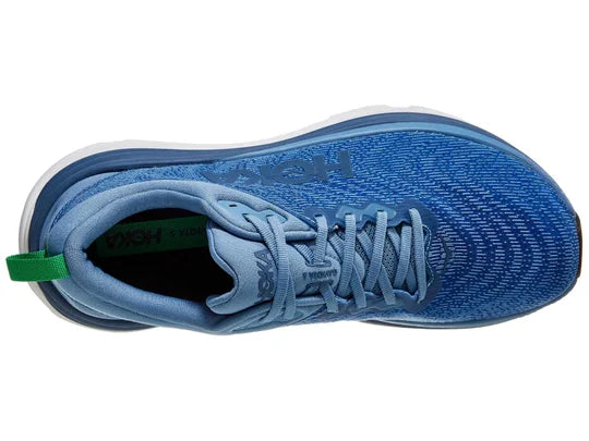 Men's Hoka Gaviota 5. Blue upper. Blue and white midsole. Top view.