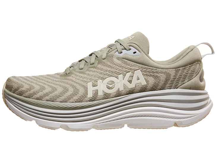 Men's Hoka Gaviota 5. Tan upper. White midsole. Lateral view.