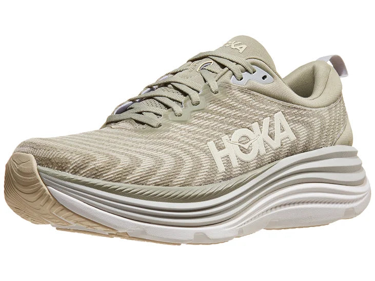 Men's Hoka Gaviota 5. Tan upper. White midsole. Lateral view.