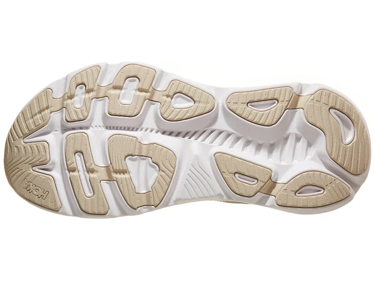 Men's Hoka Gaviota 5. Tan upper. White midsole. Bottom view.