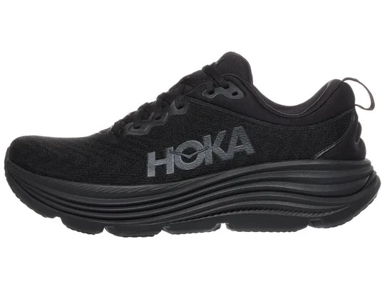 Men's Hoka Gaviota 5. Black upper. Black midsole. Lateral view.