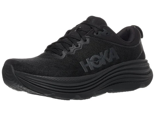 Men's Hoka Gaviota 5. Black upper. Black midsole. Lateral view.