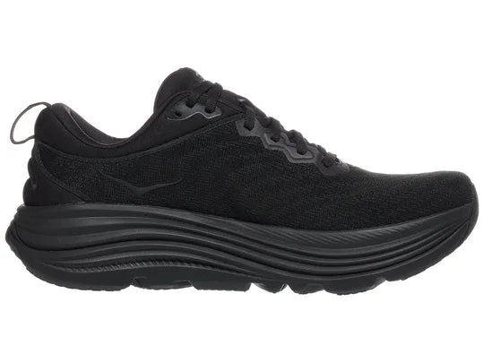 Men's Hoka Gaviota 5. Black upper. Black midsole. Medial view.