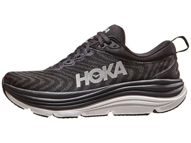 Men's Hoka Gaviota 5. Black upper. White midsole. Lateral view.