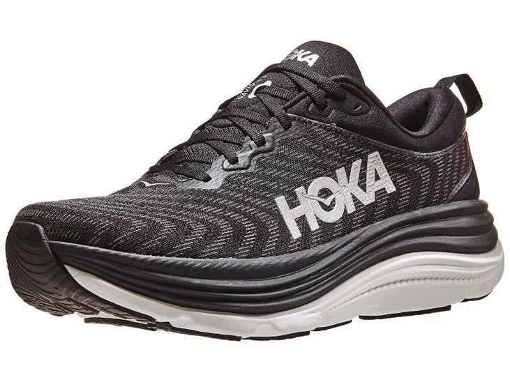 Men's Hoka Gaviota 5. Black upper. White midsole. Lateral view.