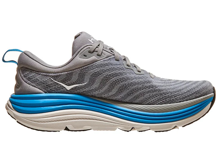 Men's Hoka Gaviota 5. Grey upper. Blue/white midsole. Medial view.