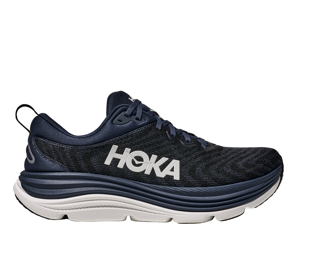 Men's Hoka Gaviota 5. Navy upper. White midsole. Lateral view.