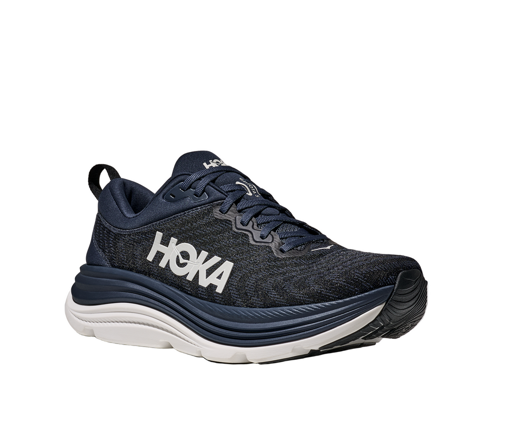 Men's Hoka Gaviota 5. Navy upper. White midsole. Lateral view.