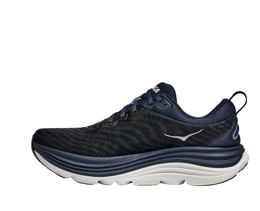 Men's Hoka Gaviota 5. Navy upper. White midsole. Medial view.