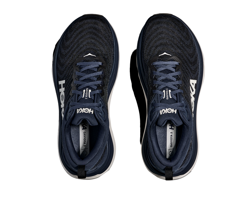 Men's Hoka Gaviota 5. Navy upper. White midsole. Top view.