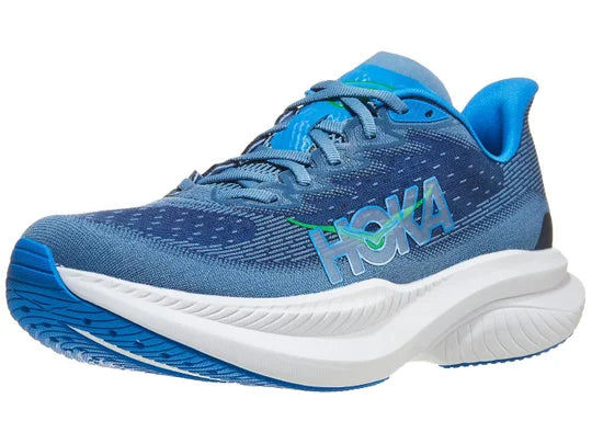 Men's Hoka Mach 6. Blue upper. White midsole. Lateral view.