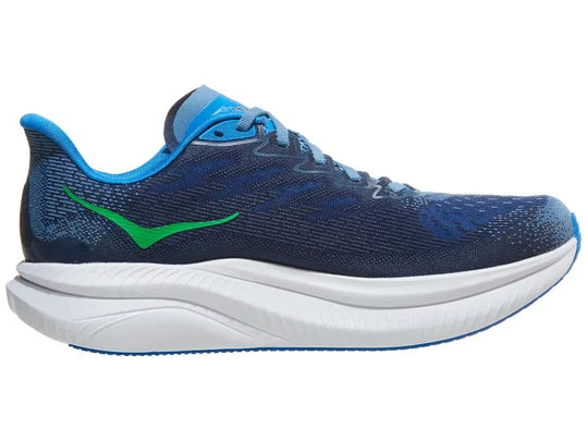 Men's Hoka Mach 6. Blue upper. White midsole. Medial view.