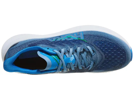 Men's Hoka Mach 6. Blue upper. White midsole. Upper view.