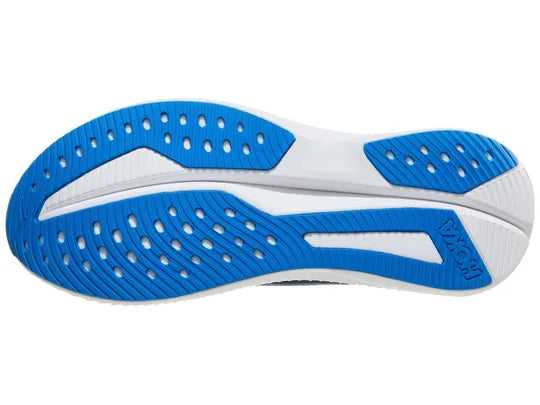 Men's Hoka Mach 6. Blue upper. White midsole. Bottom view.