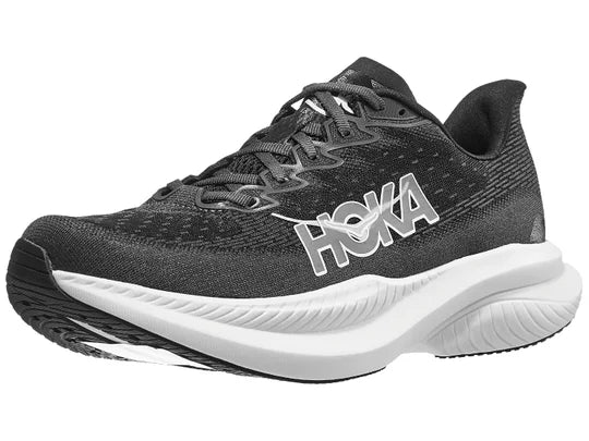 Men's Hoka Mach 6. Black upper. White midsole. Lateral view.