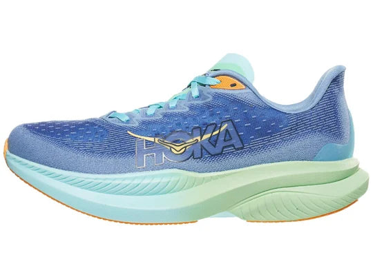 Men's Hoka Mach 6. Blue upper. Green midsole. Lateral view.