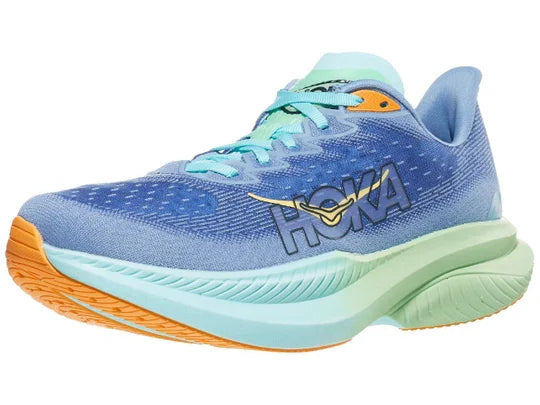 Men's Hoka Mach 6. Blue upper. Green midsole. Lateral view.