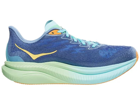 Men's Hoka Mach 6. Blue upper. Green midsole. Medial view.