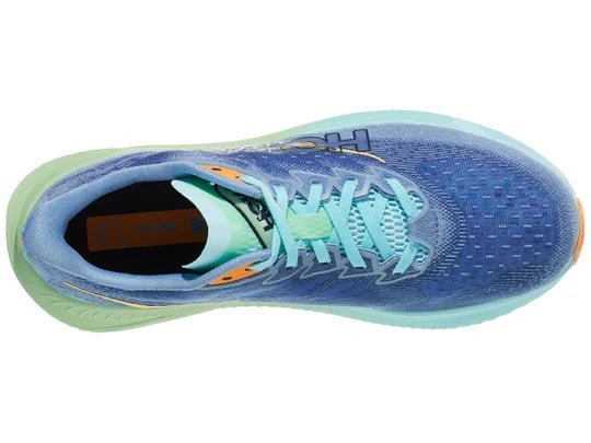 Men's Hoka Mach 6. Blue upper. Green midsole. Top view.