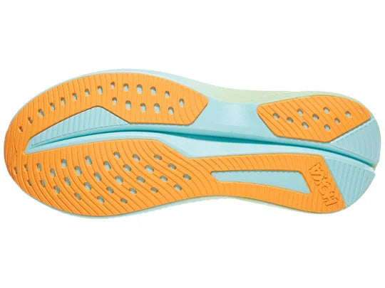 Men's Hoka Mach 6. Blue upper. Green midsole. Bottom view.