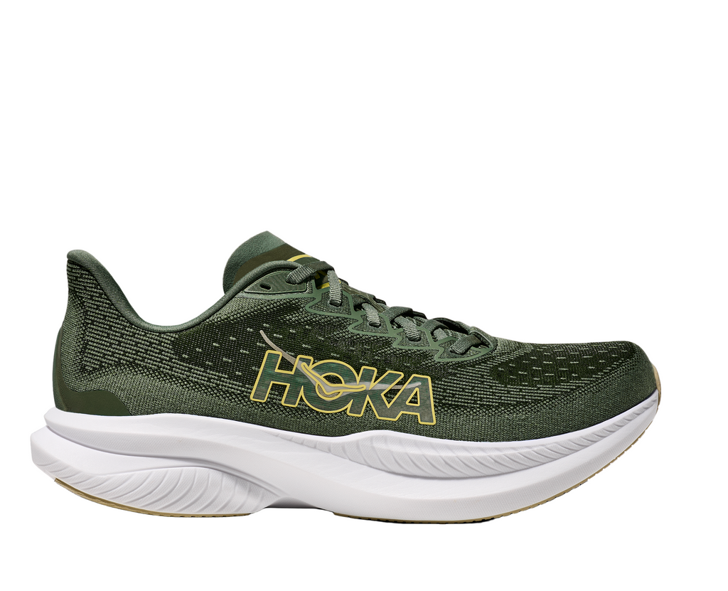 Men's Hoka Mach 6. Green upper. White midsole. Lateral view.