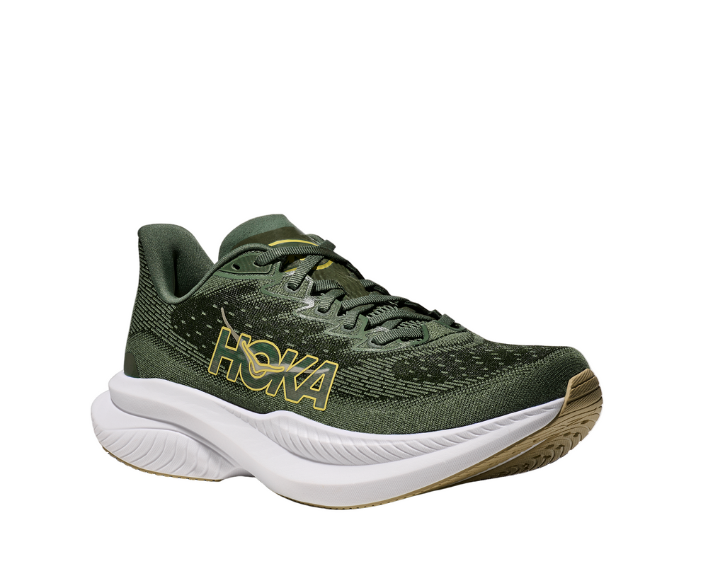 Men's Hoka Mach 6. Green upper. White midsole. Lateral view.