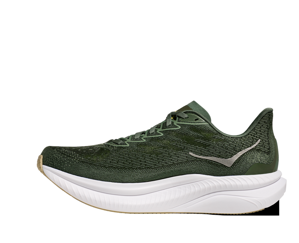 Men's Hoka Mach 6. Green upper. White midsole. Medial view.