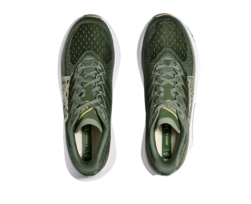 Men's Hoka Mach 6. Green upper. White midsole. Top view.