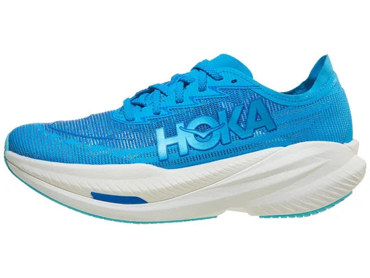 Men's Hoka Mach X2. Blue upper. White midsole. Lateral view.