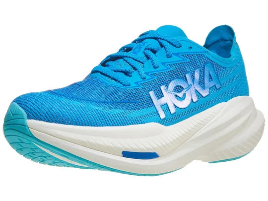 Men's Hoka Mach X2. Blue upper. White midsole. Lateral view.