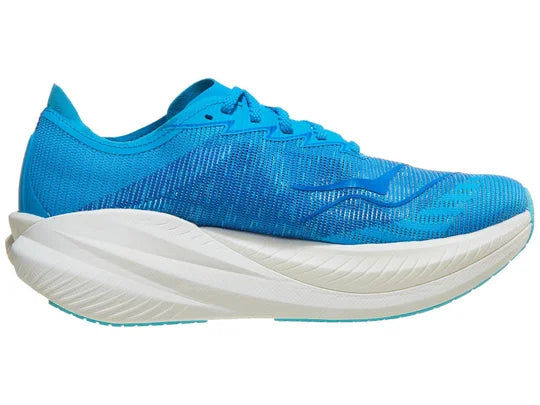 Men's Hoka Mach X2. Blue upper. White midsole. Medial view.