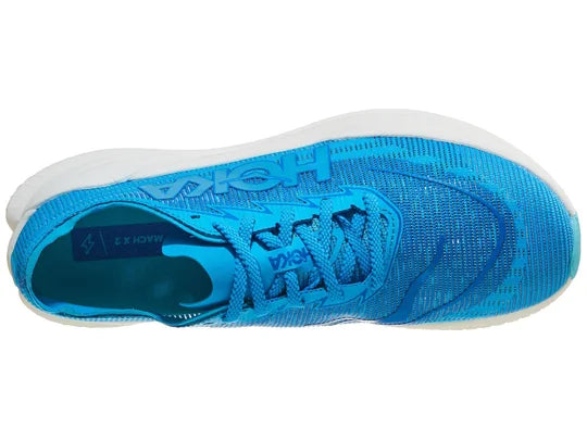 Men's Hoka Mach X2. Blue upper. White midsole. Top view.