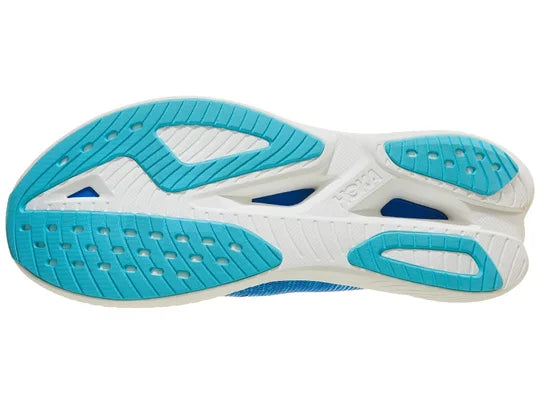 Men's Hoka Mach X2. Blue upper. White midsole. Bottom view.